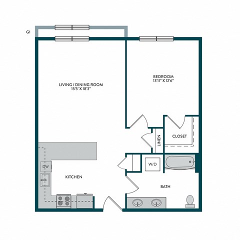 Floor plan for 1 bed, 1 bath, 772 sqft
